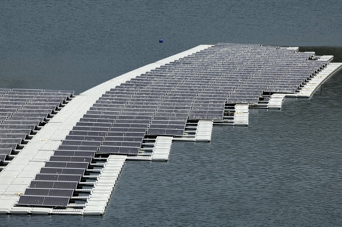 A floating photovoltaic solar installation in put in place on the Oued Rmel dam, as part of a solar pannel farm near the Tanger Med port in the province of Fahs-Anjra, west of the city of Tangiers on August 7, 2025.