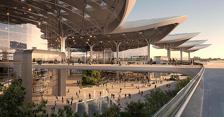 An artist's rendering of the approved design of a planned new airport in Poland, known as CPK. The terminal, linked to a high-speed rail line, will initially handle up to 34 million passengers annually, which could be ramped up to 44 million per year. 