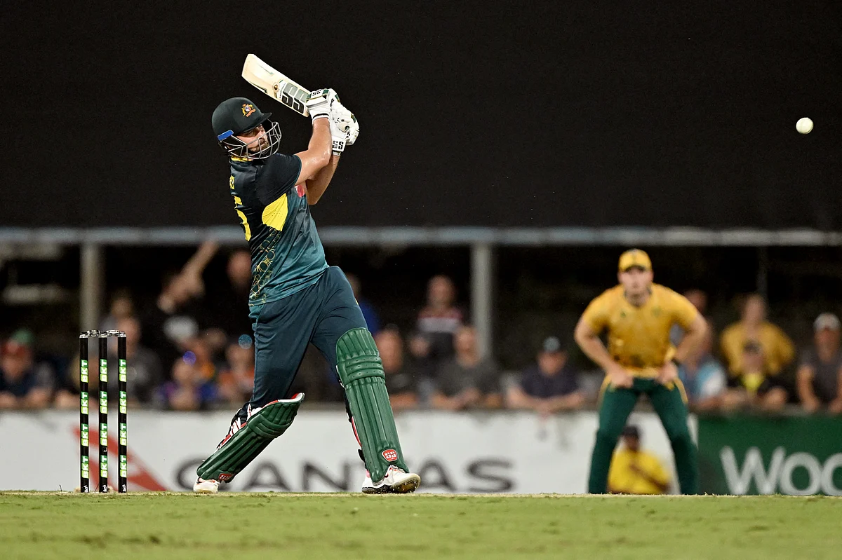 Australian batsman Tim David plays a shot during the T20 international cricket match against South Africa played in Darwin on August 10, 2025.