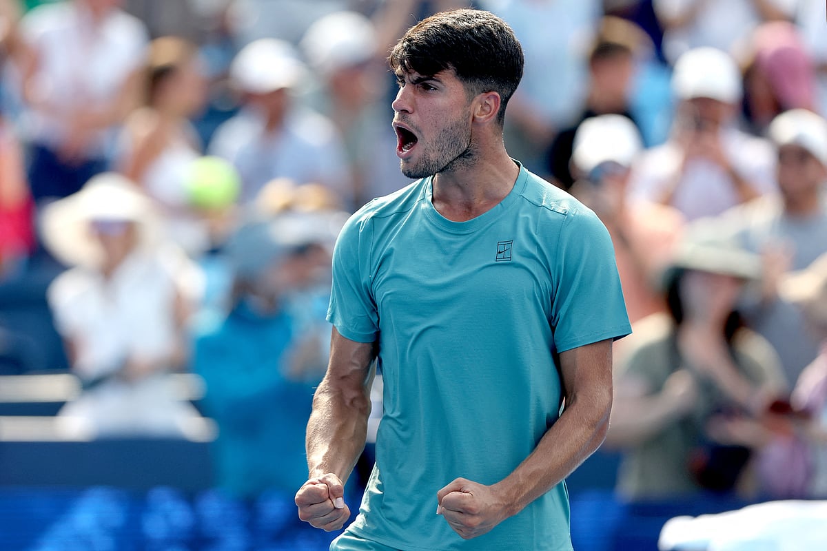 Carlos Alcaraz of Spain celebrates his win against Damir Dzumhur of Bosnia and Herzegovina during the Cincinnati Open at Lindner Family Tennis Center on Sunday.