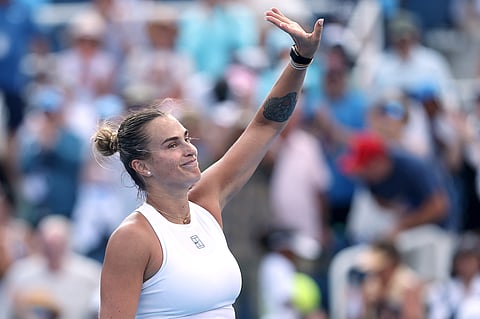 Aryna Sabalenka celebrates her win against Emma Raducanu in Cincinnati Open on Monday.