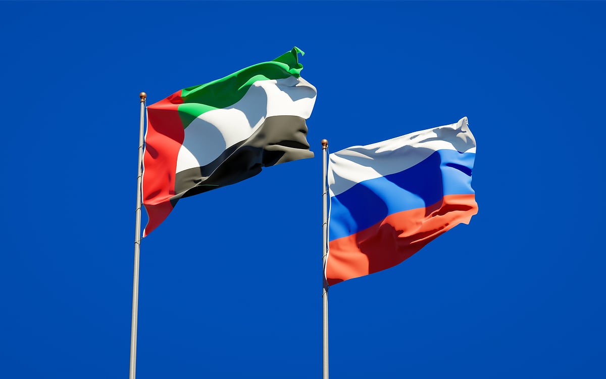 Flags of United Arab Emirates UAE and Russia