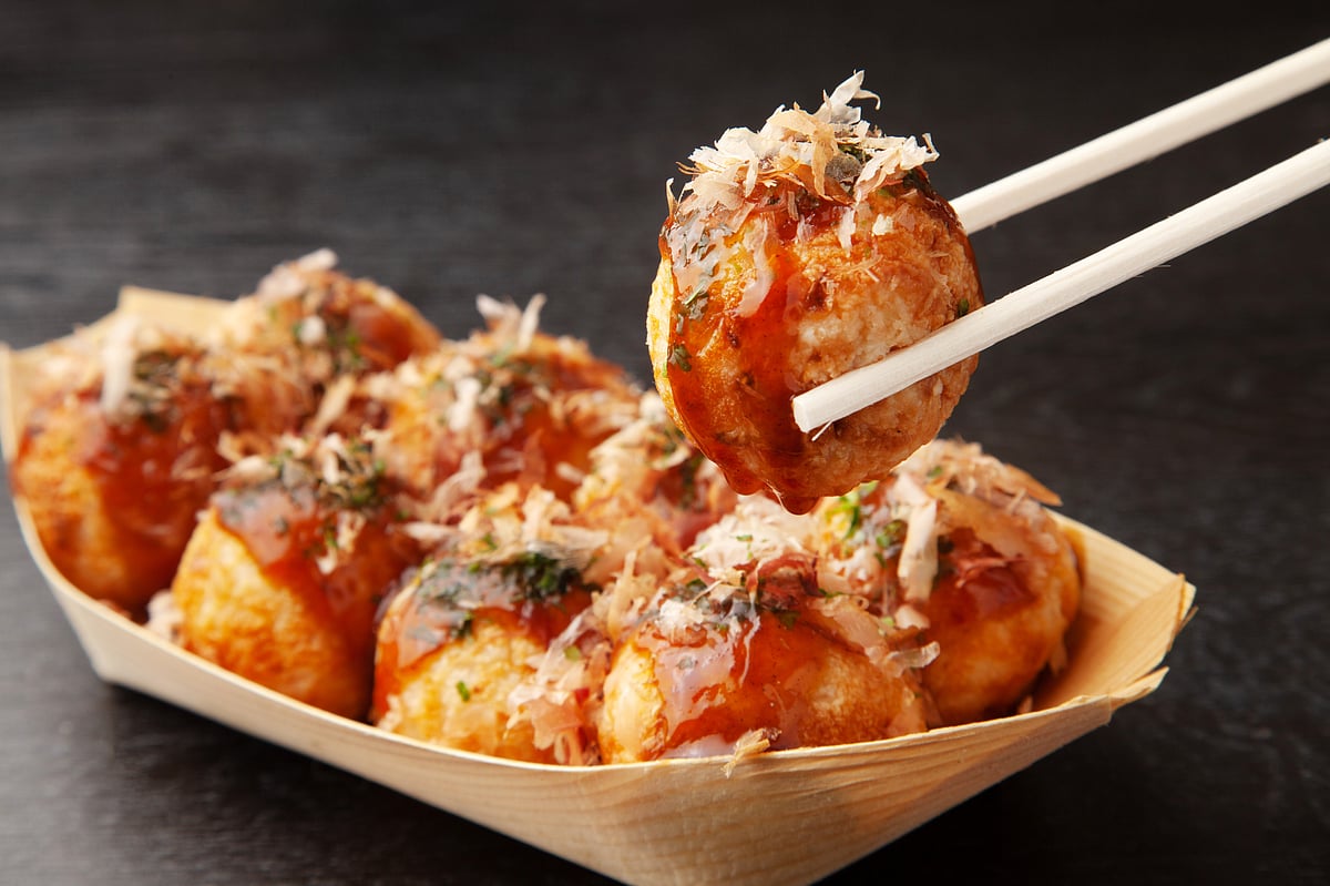 Takoyakis: Round, savoury balls made from a wheat-flour batter. Their signature filling is small pieces of octopus (tako in Japanese),