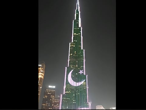 Dubai’s iconic Burj Khalifa was illuminated with the Pakistani flag this evening.