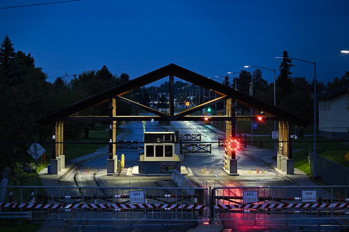 A view of an entrance to Joint Base Elmendorf-Richardson in Anchorage, Alaska on August 13, 2025, ahead of the August 15 scheduled meeting between US President Donald Trump and Russian President Vladimir Putin.