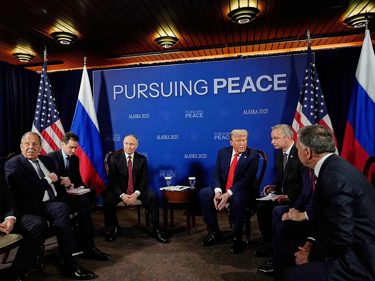 President Donald Trump meets with Russia's President Vladimir Putin on Friday, August 15, 2025, at Joint Base Elmendorf-Richardson, Alaska.