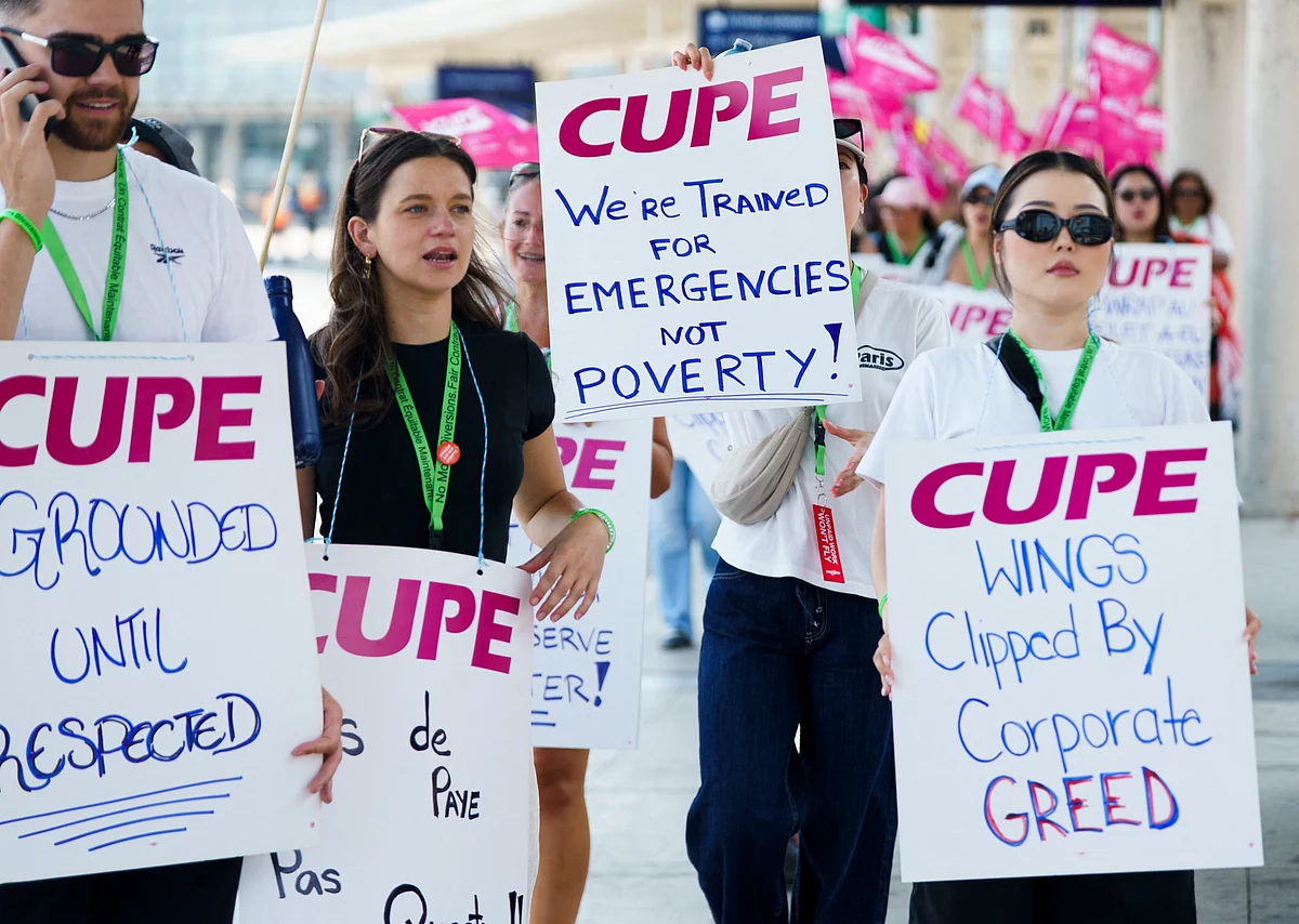 Striking Air Canada workers walk the picket line at Pearson International Airport in Toronto. The strike, from August 16, 2025 grounded hundreds of flights and affected nearly half a million passengers due to cancellations. A tentative agreement on August 19, 2025, ended the strike, with both parties expected to finalise the deal.