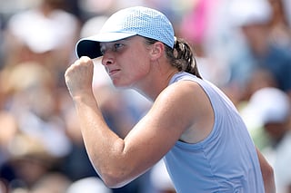 Iga Swiatek of Poland celebrates her win against Elena Rybakina of Kazakhstan in the semi-finals of the Cincinnati Open on Sunday.