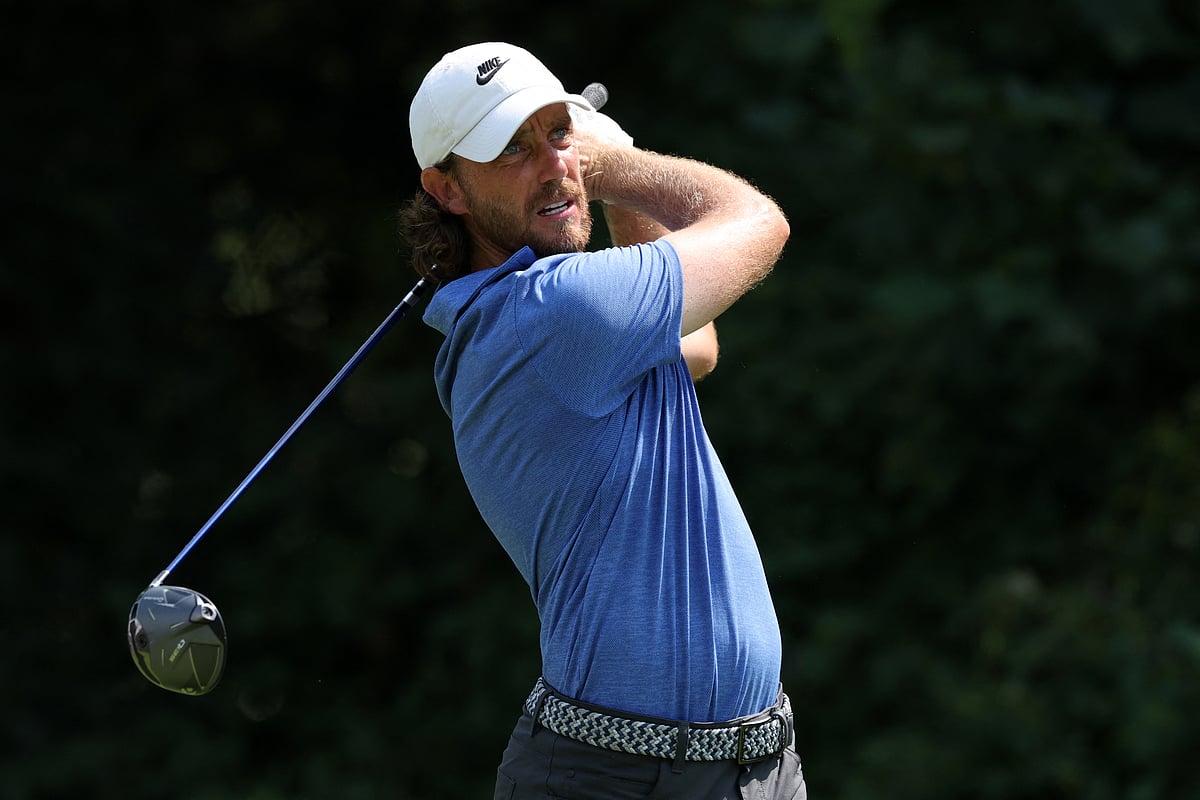 Tommy Fleetwood of England plays his shot from the eighth tee during the final round of the BMW Championship 2025 at Caves Valley Golf Club on August 17, 2025 in Owings Mills, Maryland.