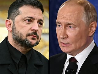 This combination of pictures created on August 18, 2025 shows Ukrainian President Volodymyr Zelensky (L) in Washington, DC, on August 18, 2025 and Russian President Vladimir Putin in Anchorage, Alaska, on August 15, 2025.