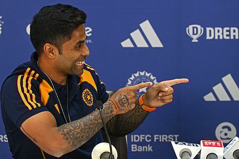 Indian cricket captain Suryakumar Yadav speaks during a press conference to announce T20 squad for upcoming Men’s Asia Cup, in Mumbai on August 19, 2025.