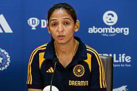 India's captain Harmanpreet Kaur speaks during a press conference to announce squad for the upcoming 2025 ICC Women's Cricket World Cup and the three-match one-day international (ODI) series against Australia, in Mumbai on August 19, 2025.