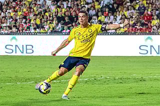 Al-Nassr's Cristiano Ronaldo shoots on goal during the Saudi Super Cup semi-final against Al Ittihad at the Hong Kong Stadium on Tuesday.