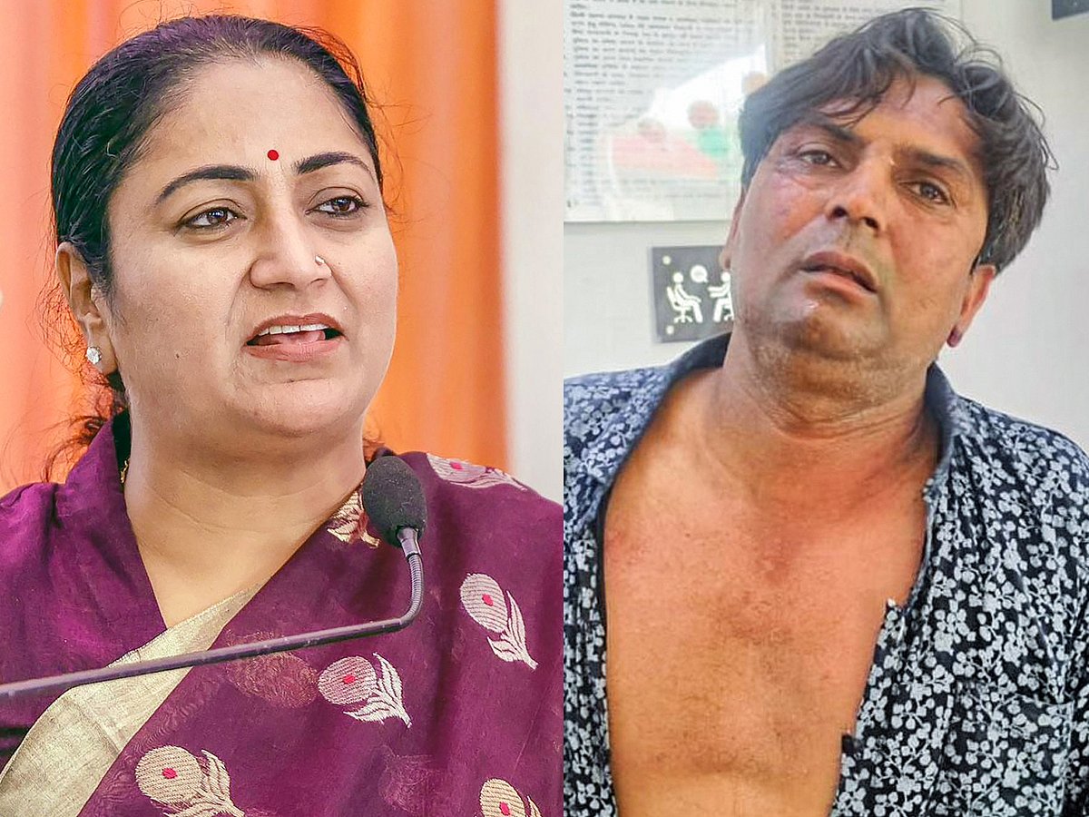  Delhi CM Rekha Gupta and Rajesh Khimji, who attacked Delhi Chief Minister Rekha Gupta during 'Jan Sunvai', in Delhi on Wednesday.