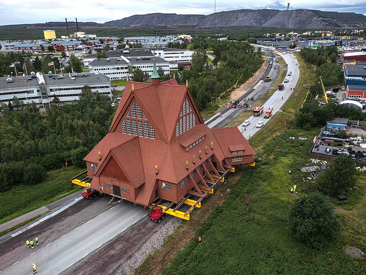 The wooden Kiruna Church is transferred to its new location, in Kiruna, Sweden on August 20, 2025. 