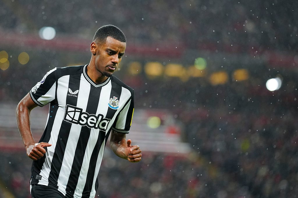 Newcastle's Alexander Isak celebrates after scoring his side's opening goal during the English Premier League match against Liverpool  at Anfield stadium in Liverpool, England, Monday, Jan. 1, 2024.