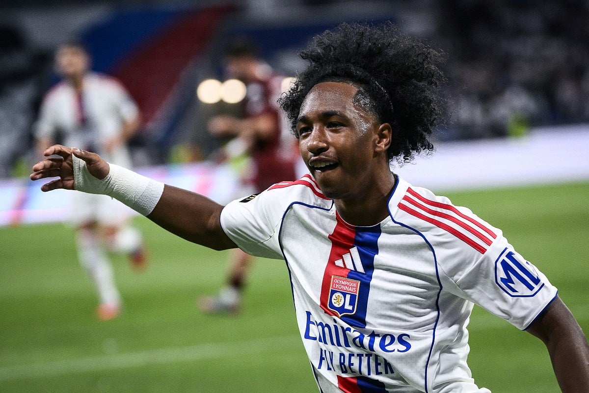 Lyon’s Belgian forward #11 Malick Fofana (C) celebrates after scoring a goal during the French L1 football match between Olympique Lyonnais (OL) and FC Metz at the Groupama Stadium in Decines-Charpieu, central-eastern France on August 23, 2025.