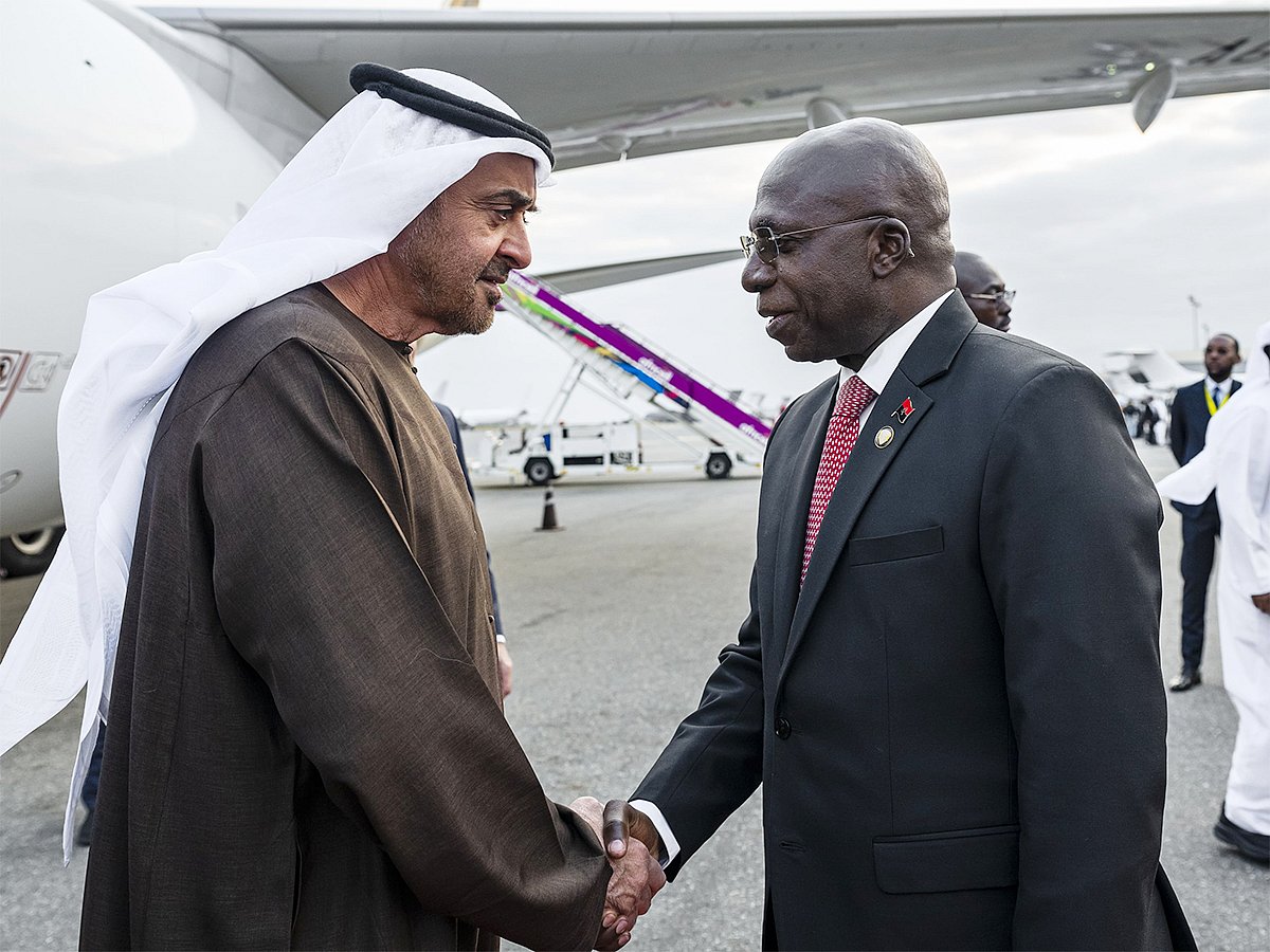 His Highness President Sheikh Mohamed bin Zayed Al Nahyan is received by Tete Antonio, Minister of External Relations of Angola, upon arrival at Quatro de Fevereiro International Airport.