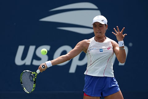 Janice Tjen of Indonesia returns against Veronika Kudermetova during their Women's Singles First Round match on Day One of the 2025 US Open at USTA Billie Jean King National Tennis Center on August 24, 2025 in the Flushing neighborhood of the Queens borough of New York City.