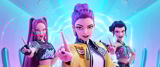 This image released by Netflix shows characters, from left, Mira, Rumi, Zoey in a scene from "KPop Demon Hunters." 