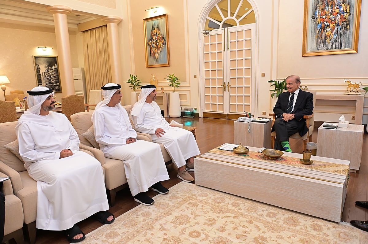 Pakistan Prime Minister Shehbaz Sharif during farewell meeting with Hamad Obaid Alzaabi at the PM House in Islamabad