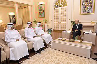 Pakistan Prime Minister Shehbaz Sharif during farewell meeting with Hamad Obaid Alzaabi at the PM House in Islamabad