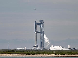 SpaceX's Starship is seen on the launchpad in Starbase, Texas.