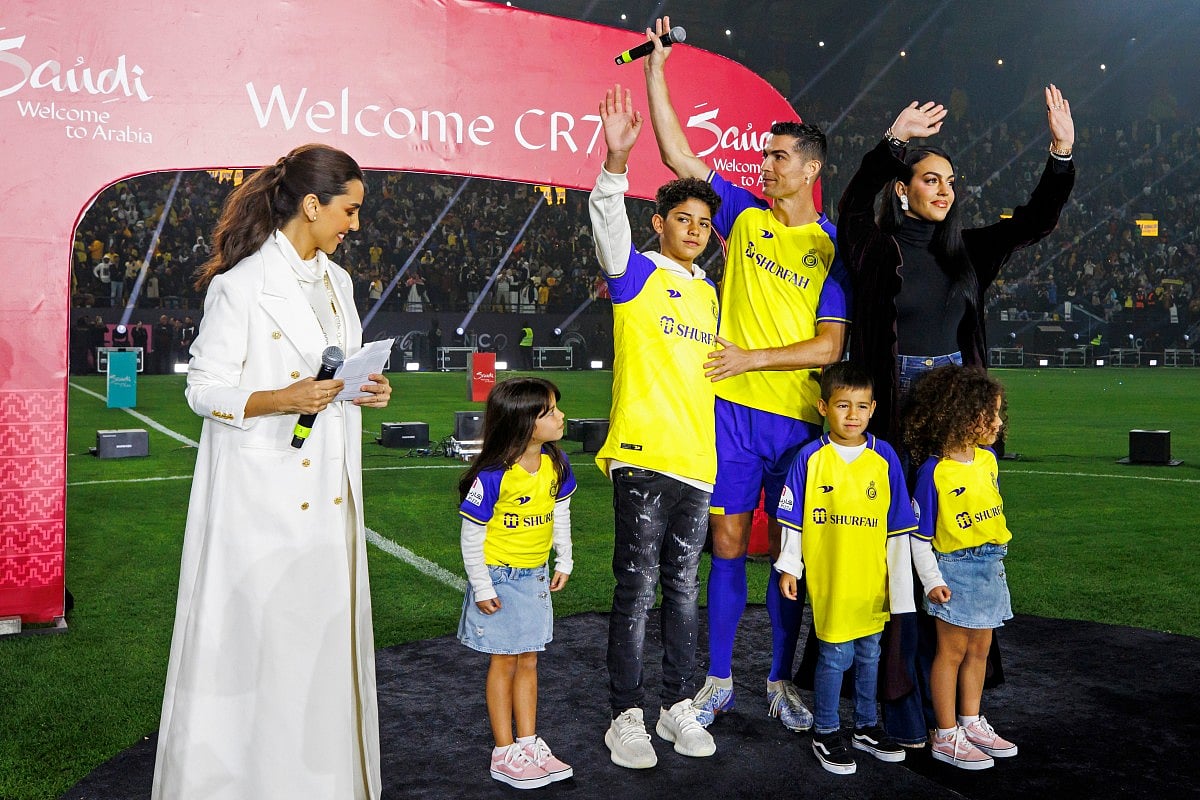 Cristiano Ronaldo with his family during his unveiling at the Mrsool Park Stadium in the Saudi capital Riyadh on January 3, 2023.