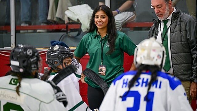 Pakistan women team coach and player Marya Rauf celebrates win with the team
