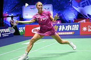 Denmark's Mia Blichfeldt returns the ball to China's Chen Yu Fei during the women's round of 32 singles match at the Badminton BWF World Championships at the Adidas Arena in Paris, on August 27, 2025.