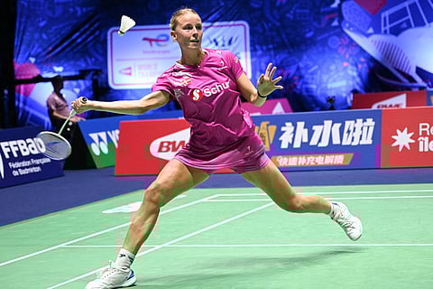 Denmark's Mia Blichfeldt returns the ball to China's Chen Yu Fei during the women's round of 32 singles match at the Badminton BWF World Championships at the Adidas Arena in Paris, on August 27, 2025.