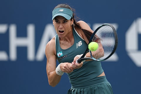 Sorana Cirstea of Romania returns a shot against Karolina Muchova of the Czech Republic during their Women's Singles Second Round match on Day Five of the 2025 US Open at USTA Billie Jean King National Tennis Center on August 28, 2025 in the Flushing neighborhood of the Queens borough of New York City.