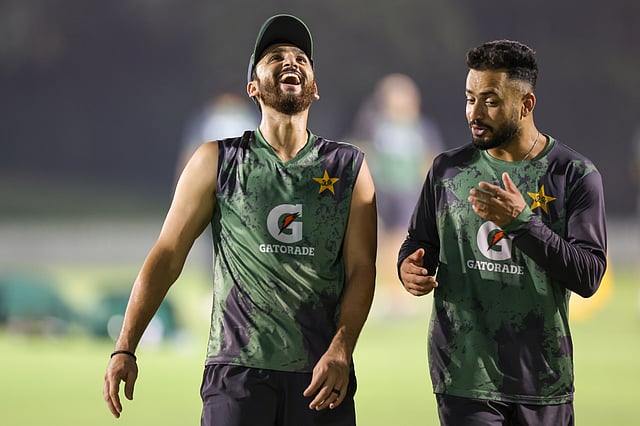 Pakistan captain Salman Ali Agha and all-rounder Mohammad Nawaz during a practice session at the ICC Cricket Academy in Dubai.