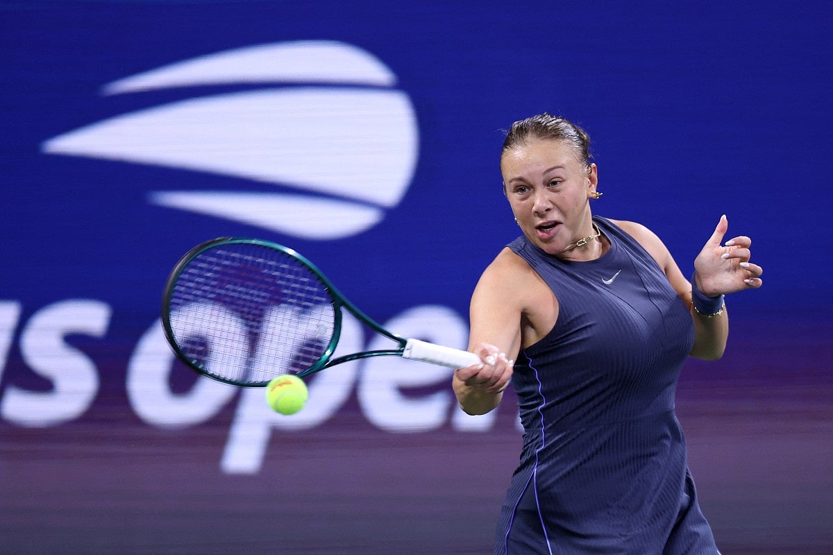 Amanda Anisimova of the US plays a forehand shot against Maya Joint of Australia during their Women's Singles Second Round match on Day Five of the 2025 US Open at USTA Billie Jean King National Tennis Center on August 28, 2025 in the Flushing neighborhood of the Queens borough of New York City.