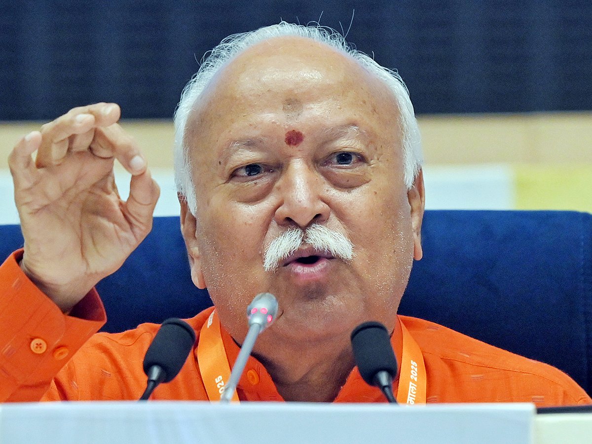 Rashtriya Swayamsevak Sangh chief Mohan Bhagwat speaks during a question-and-answer session as part of the RSS' three-day lecture series on '100 years of Sangh journey', in New Delhi on Thursday. 