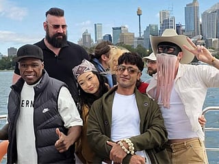Bollywood action star Vidyut Jammwal poses with rapper 50 Cent and WWE’s Cody Rhodes in Sydney during the shoot of his Hollywood debut film Street Fighter.