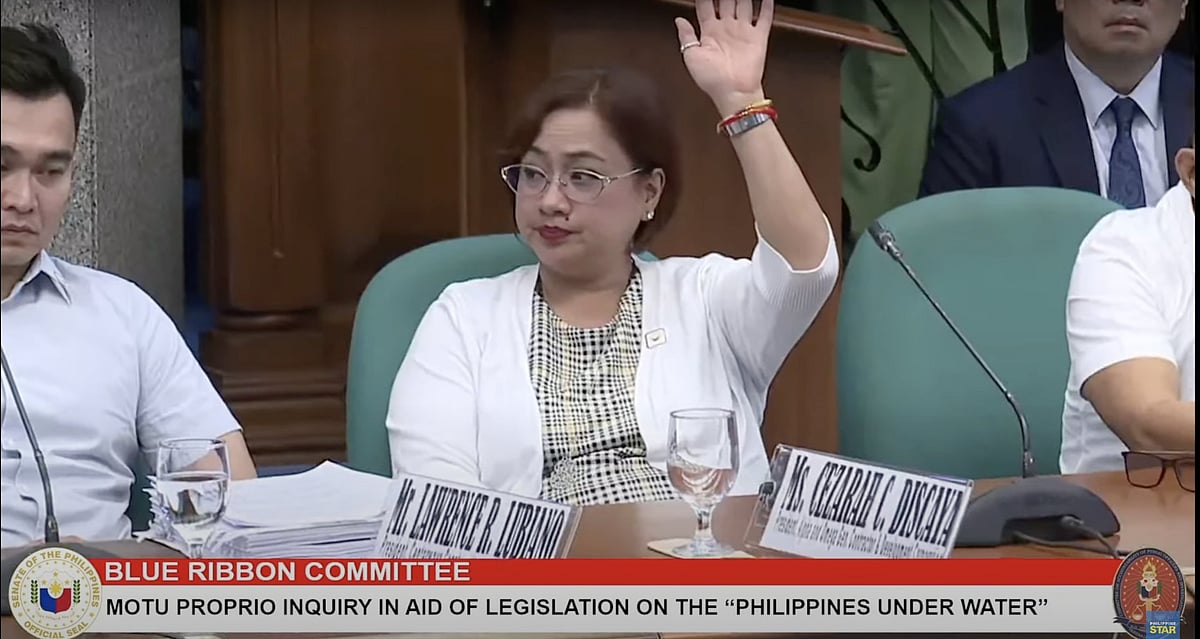 Sarah Discaya attends the Senate Blue Ribbon Committee hearing on flood control projects on Monday (September 1, 2025). The Discayas are reportedly owners of Alpha & Omega Gen. Contractor & Development Corp. (AOGCD), one of the 15 construction companies identified by President Marcos as having secured a disproportionate share of flood control projects in the Philippines. Between July 2022 and May 2025, under the Marcos administration, the government allocated over ₱545 billion for nearly 9,855 flood-control projects nationwide. Alpha & Omega alone was awarded 103 projects valued at approximately ₱7.3 billion.