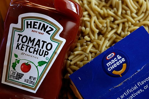 In this photo illustration, a bottle of Heinz tomato ketchup is displayed next to a box of Kraft Mac & Cheese on September 02, 2025 in San Anselmo, California.