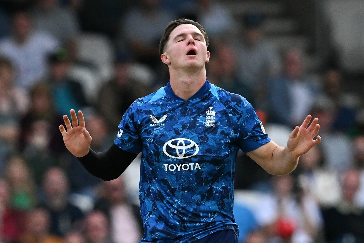 England's Sonny Baker reacts while bowling during the first One Day International (ODI) cricket match between England and South Africa at Headingley, in Leeds, on September 2, 2025.