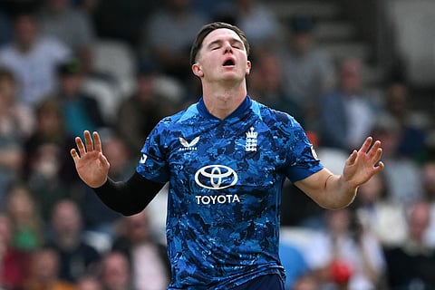 England's Sonny Baker reacts while bowling during the first One Day International (ODI) cricket match between England and South Africa at Headingley, in Leeds, on September 2, 2025.