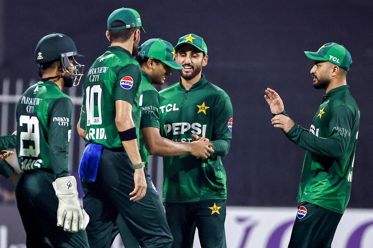 Pakistan's team reacts after taking the wicket during the T20 international cricket match between Afghanistan and Pakistan, in Sharjah on September 2, 2025.
