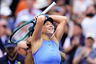 Amanda Anisimova, of the United States, reacts after defeating Iga Swiatek, of Poland, in the quarterfinal round of the U.S. Open tennis championships, Wednesday, Sept. 3, 2025, in New York. 