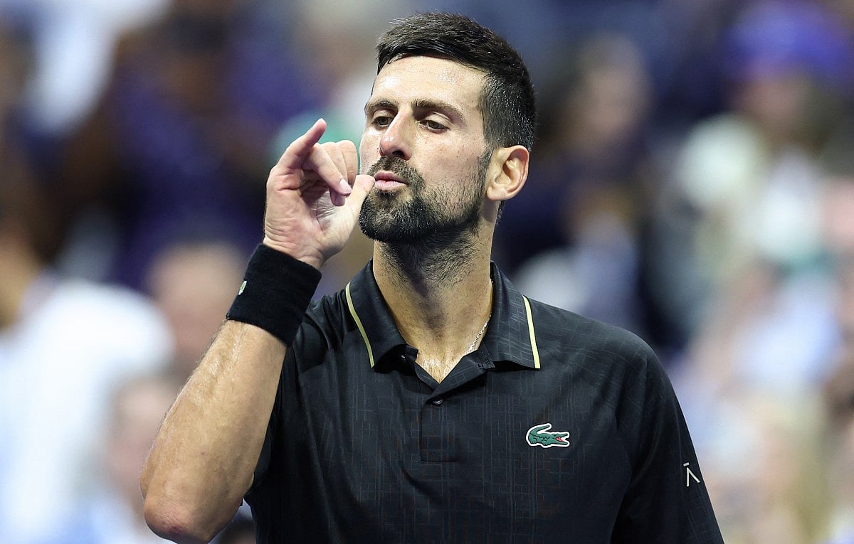 Serbia's Novak Djokovic gestures after winning the men's singles quarter-final against USA's Taylor Fritz on day ten of the US Open.