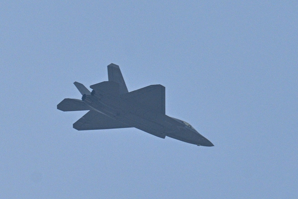 A Shenyang J-35 jet fighter performs a flyby during a military parade marking the 80th anniversary of victory over Japan and the end of World War II, in Beijing’s Tiananmen Square on September 3, 2025.