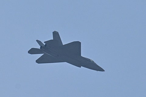 A Shenyang J-35 jet fighter performs a flyby during a military parade marking the 80th anniversary of victory over Japan and the end of World War II, in Beijing’s Tiananmen Square on September 3, 2025.