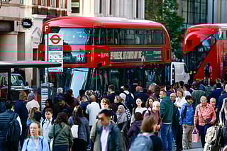 Commuters at a bus stop during a strike by Tube workers in London, UK, on Monday, September 8, 2025. 