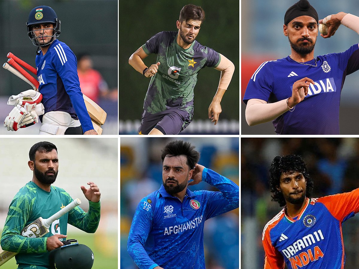 Clockwise from top left: Shubman Gill, Shaheen Afridi, Arshdeep Singh, Tilak Varma, Rashid Khan and Fakhar Zaman.




