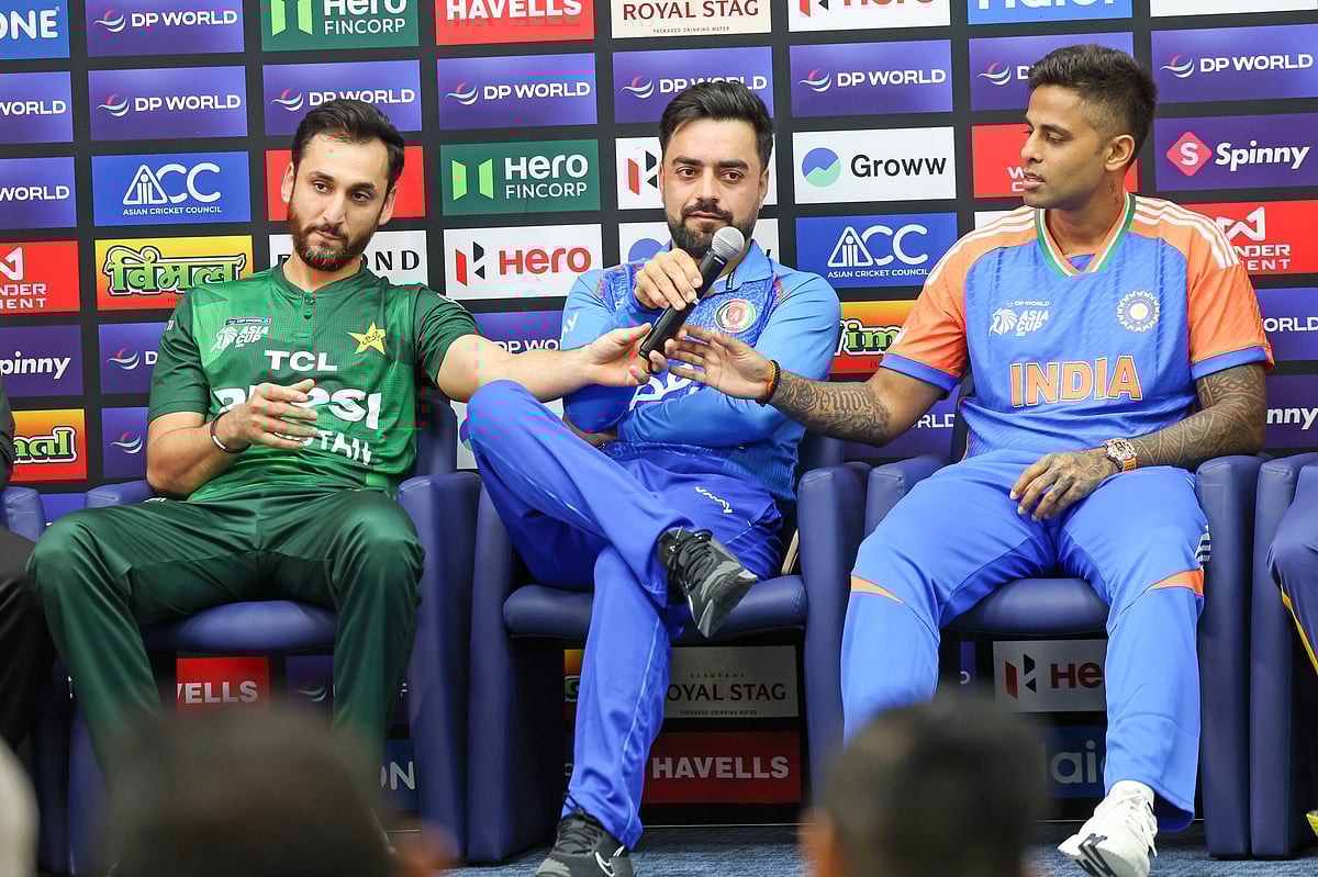 India captain Surya Kumar Yadav (from right), Afghanistan captain, Rashid Khan and Pakistan captain, Salman Ali Agha during the Asia Cup captain’s press conference on Tuesday.