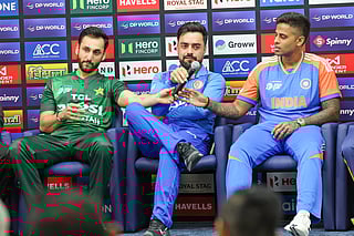 India captain Surya Kumar Yadav (from right), Afghanistan captain, Rashid Khan and Pakistan captain, Salman Ali Agha during the Asia Cup captain’s press conference on Tuesday.