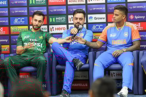 India captain Surya Kumar Yadav (from right), Afghanistan captain, Rashid Khan and Pakistan captain, Salman Ali Agha during the Asia Cup captain’s press conference on Tuesday.